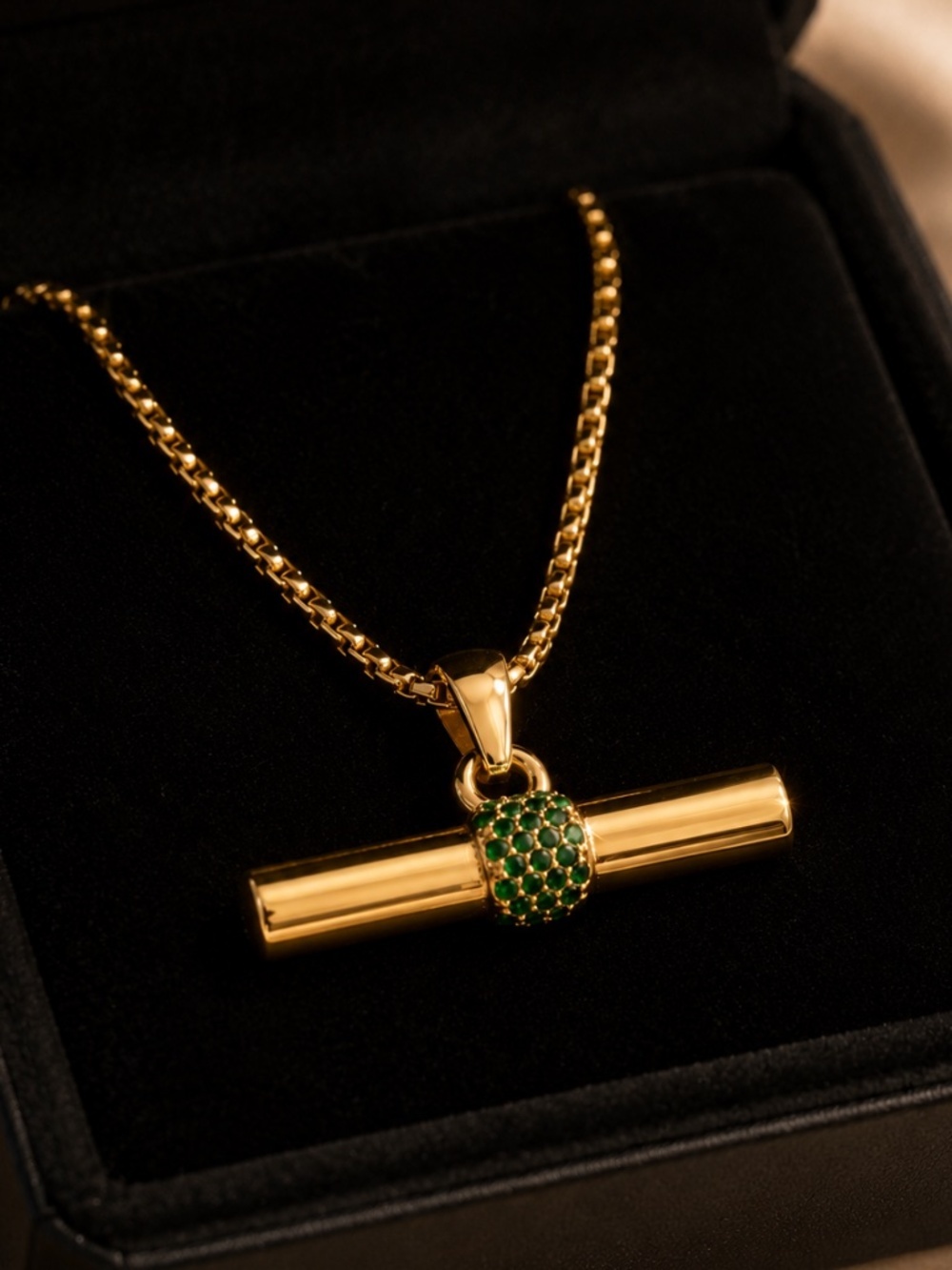Gold Bar Pendant Necklace with Green Accent - Picture 7 of 14